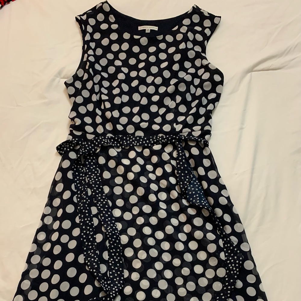 Sandra Darren Polka Dot Navy Hi Low Dress - Size 14